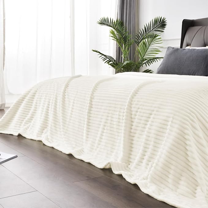 BEDELITE 3D Ribbed Jacquard Cream Blankets Queen Size for Bed, 90x90 Inch | Soft Warm Decorative Fluffy Blanket, Cozy Fuzzy Lightweight Plush Fleece Throw Blankets for Bed, Room Decor, Gift for Women