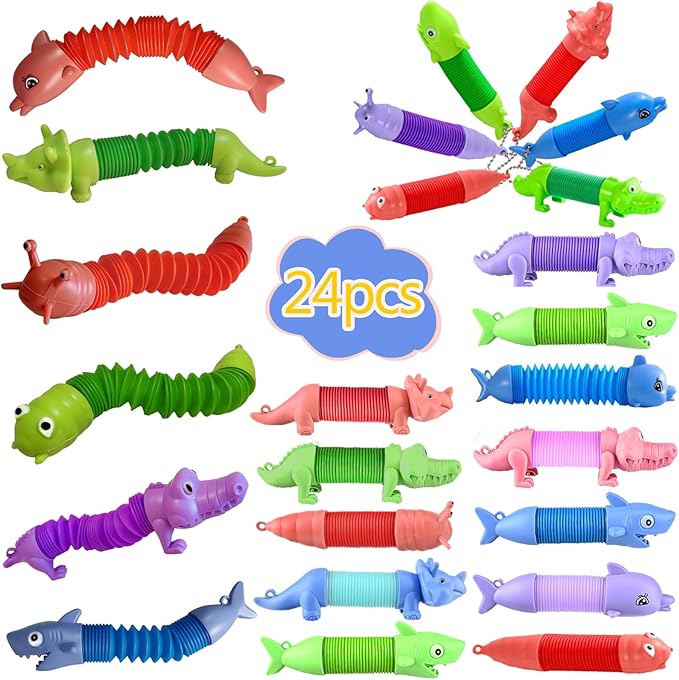 Pop Tubes Fidget Toys 24 Pcs,Party Favors Supplies Birthday Gifts for Kids Adults,Easter Basket Goodie Bag Stuffers,Sensory Toys for Anxiety ADHD Stress Relief,Treasure Box Toys Classroom Prizes