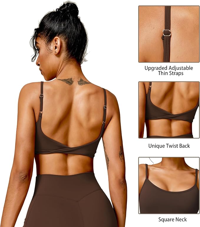 QUOJIZY Sports Bras for Women Open Back Workout Tops for Women Yoga Bra Spaghetti Straps Twist Back