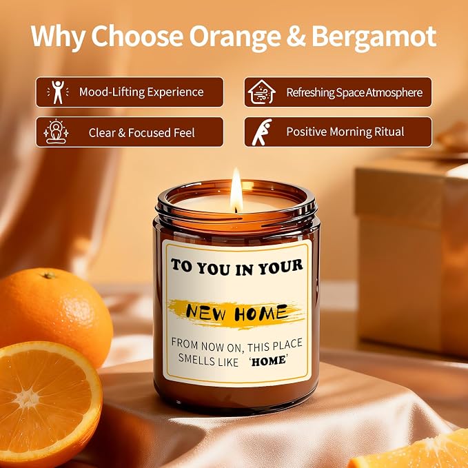 New Home Candle - Housewarming Gifts for New Home Owners, Orange Scented Soy Candle, 7oz Soy Candles for Home Scented, 50 Hours Burn, Perfect House Warming Gift for Couples, Neighbors, Friends