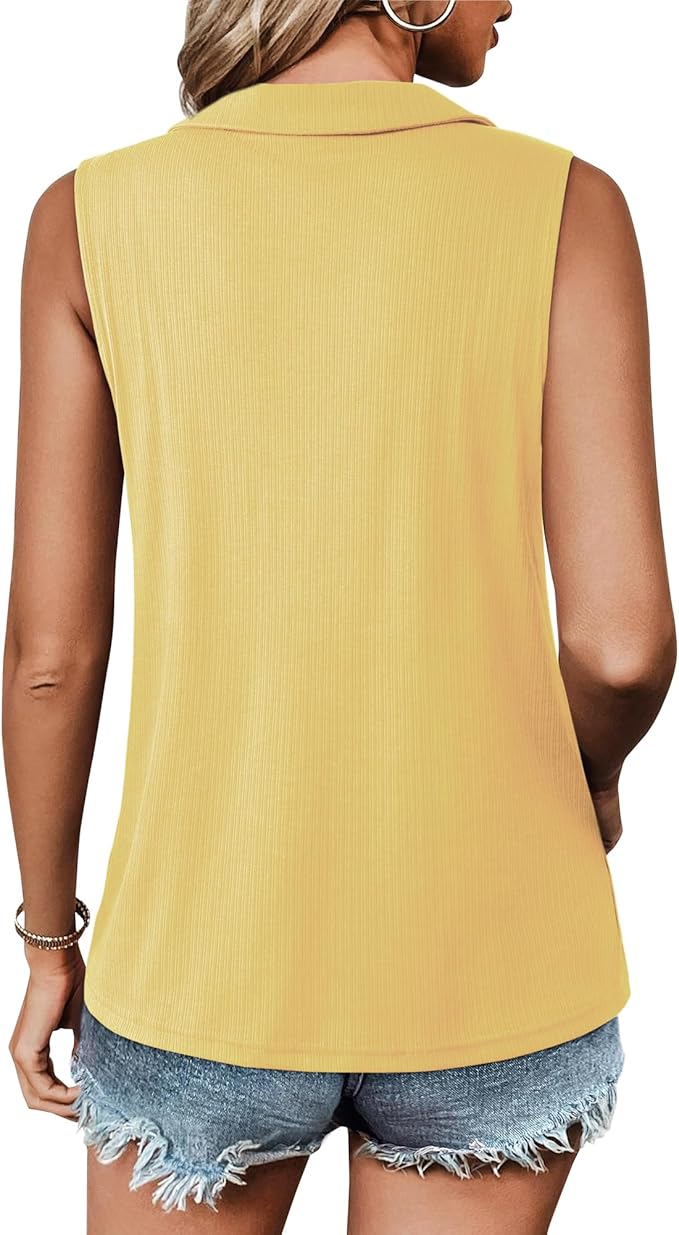Vivilli Womens Ribbed Tank Top Zipper V Neck Dressy Casual Blouses Sleeveless Camisole Tops Work Tank Polo Shirts