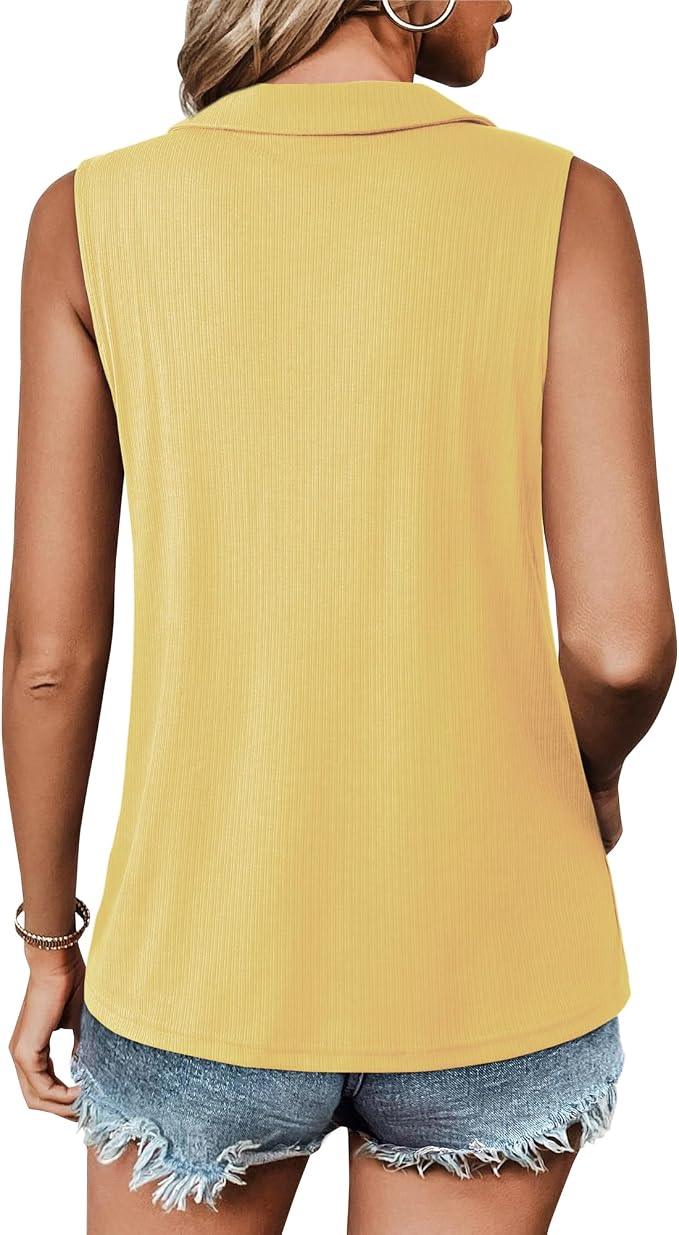 Vivilli Womens Ribbed Tank Top Zipper V Neck Dressy Casual Blouses Sleeveless Camisole Tops Work Tank Polo Shirts