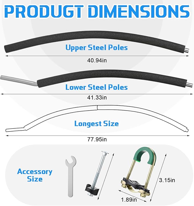 Trampoline Poles Replacement, Fit for 8-16ft Frame, Universal Curved Enclosure Net Pole, Includes Mounting Hardware & Foam Cover, 2 Installation Options