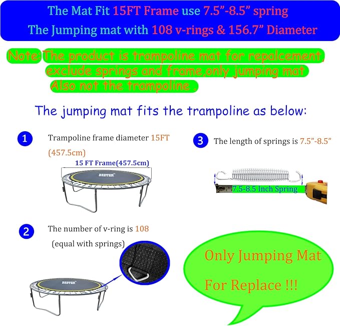 Trampoline Replacement Mat,Fits 15ft Round Frame with 90/96/100/108 Rings,Fits 5.3-8.5" Springs,Longer Lasting with 10 Rows of Stitches,w/Pull Hook and Gloves,（13ft-13.4ft Trampoline Mat