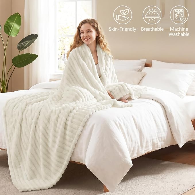 Cream White Throw Blanket for Couch & Bed, 50 x 60 Inch | 300GSM Ribbed Fleece Blanket, Soft, Cozy & Lightweight, OEKO-TEX Certified, All-Season Use for Travel, Dorm & Home Decor