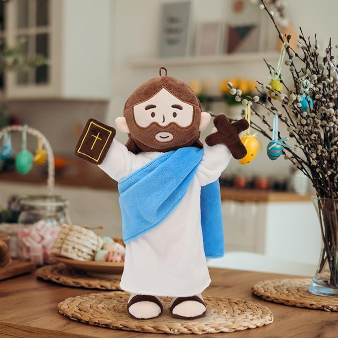 Jesus Plush Doll with Jointed Skeleton Jesus Plushie 13.4" Poseable Jesus with Removable Accessories Easter Christian Gifts for Kids (Blue)