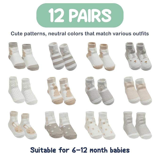 Mother's Choice Organic Cotton Baby Socks 6-12 Months - 12 pairs Soft and Cozy Infant Grip Socks, Gentle Newborn Socks, Perfect For Baby Registry Sock For Everyday Comfort For Infant