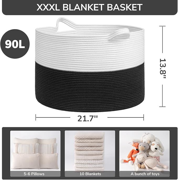 INDRESSME XXXLarge Woven Rope Blanket Basket Living Room White Black, 90L | 21.7" x 13.8" Storage baskets for toys laundry & pillows. Fits living room, bedroom or nursery décor. Soft-touch with handles