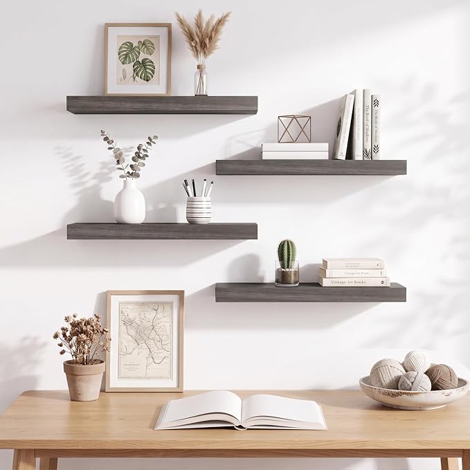 Fixwal 15.7in Floating Shelves, Rustic Wood Finish Wall Shelves Set of 4, Shelves for Wall Decor, with Invisible Brackets for Bathroom, Living Room,Bedroom and Kitchen(Gray)