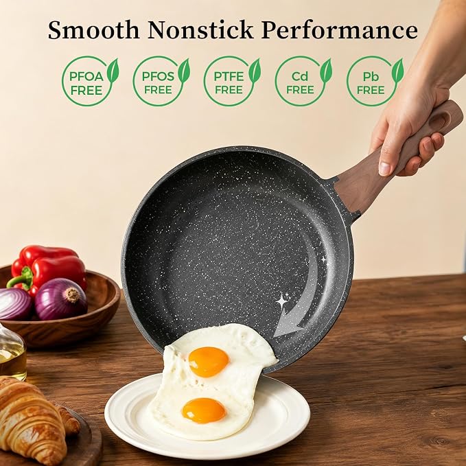 YASHE 12.5 Inch Granite Nonstick Frying Pan, Non-Toxic, Induction Ready | Omelette Pan with Stay-Cool Handle for All Stovetops PFOA/PFOS Free Large Cooking Skillet Pan for Steak, Bacon & Eggs