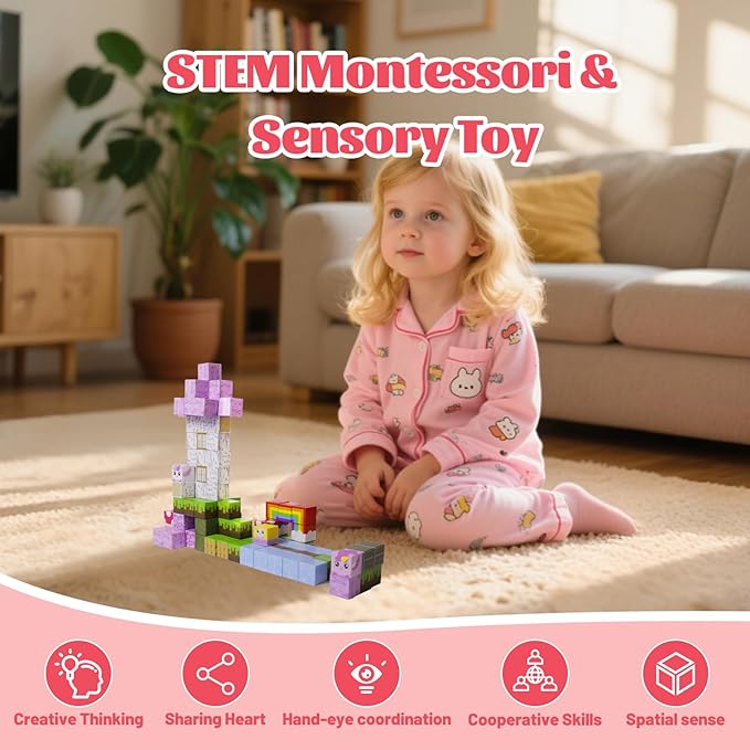 Magnetic Blocks - 100 PCS Magnet Block Stacking Sensory STEM Outdoor Game for 3+ Years Old Boys&Girls Children Birthday Easter Gift, 3D Tiles Construction Weekends Toy Set, Castles and Rainbow