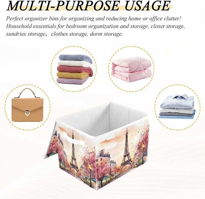 Watercolor Paris Storage Bins with Lids and Carrying Handle,Foldable Storage Boxes Organizer Containers Baskets Cube with Cover for Home Bedroom Closet Office