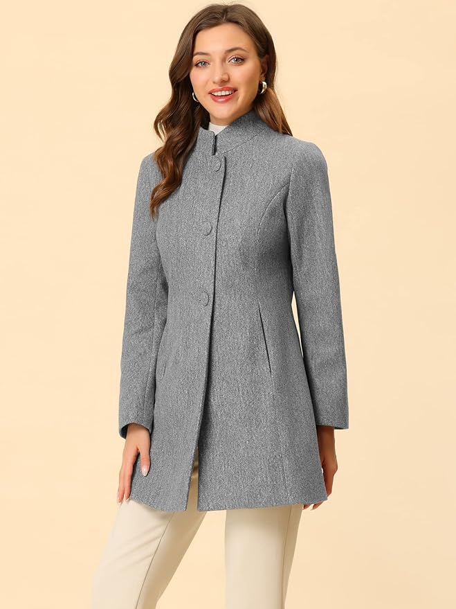 Allegra K Women's Winter Overcoat Mid-Long Stand Collar Single Breasted Coat Outerwear