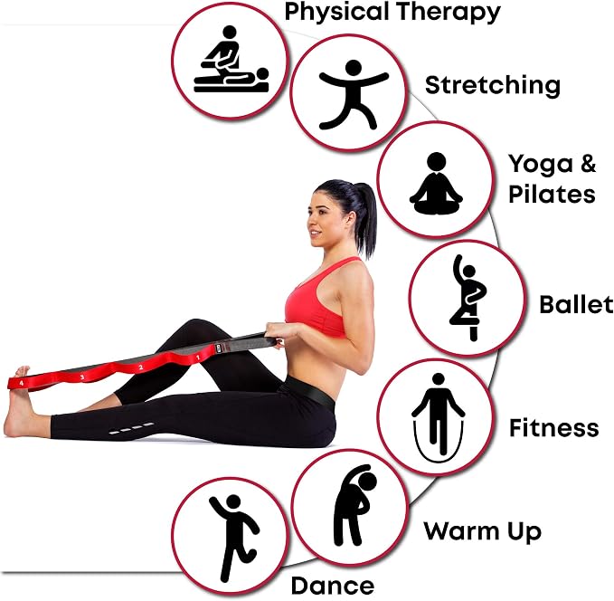 Stretching Strap with Loops - Non Elastic Stretch Band for Physical Therapy, Yoga Strap for Stretching Equipment, Stretch Bands for Exercise and Flexibility - Fascia, Hamstring & Leg Stretcher Belt