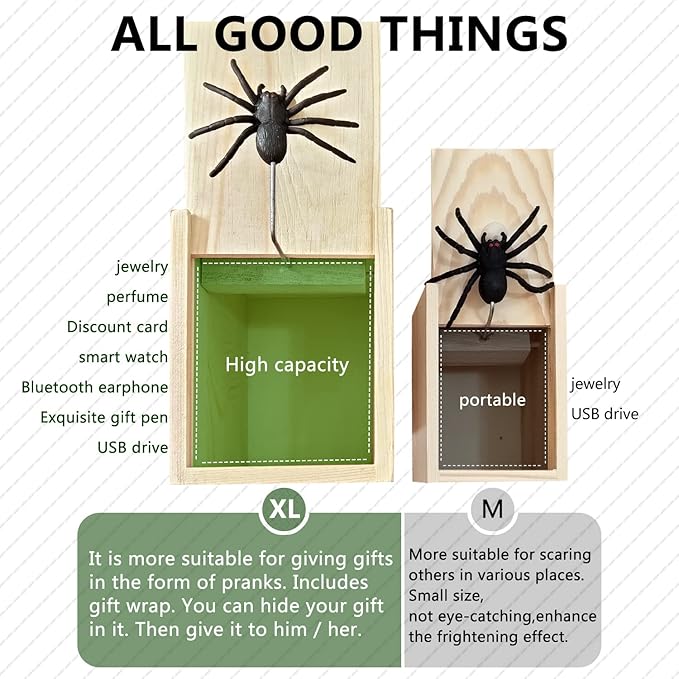 Rubber Upgraded Big Spider Prank Box Practical Maximum Version, Can Hold a Ring Credit Card Chain Perfume Watch, Handcrafted Wooden Surprise Box, Fun Practical Surprise Joke Boxes