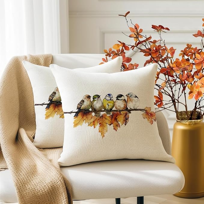 RABUSOFA Fall Pillow Covers 20x20 Inch Watercolor Bird Autumn Decorations for Home Outdoor Thanksgiving Decor Maple Leaf Decorative Throw Pillow Cases Farmhouse for Couch Sofa