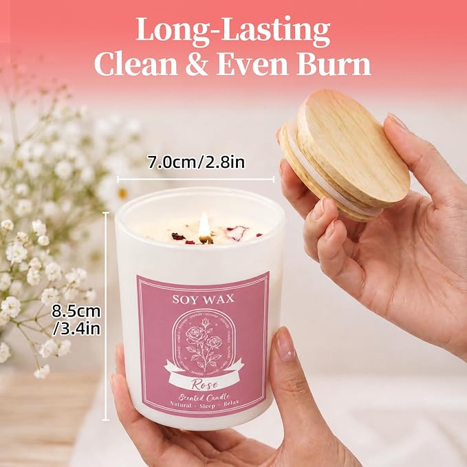 Scented Candle, Candles for Home Scented, 5.2 oz Soy Candles for Aromatherapy, Natural Hand-Poured, Relaxing Rose Scent, Gift for Women Mom (Rose)
