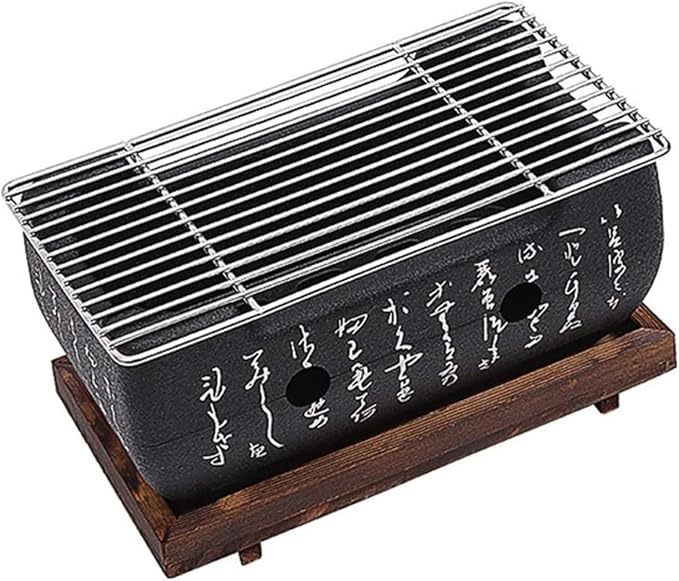 Japanese Hibachi Grill, Portable Tabletop Yakitori Charcoal Grill for Indoor Outdoor BBQ with Wooden Base & Cooking Grate 4.9x4.5x9.4in