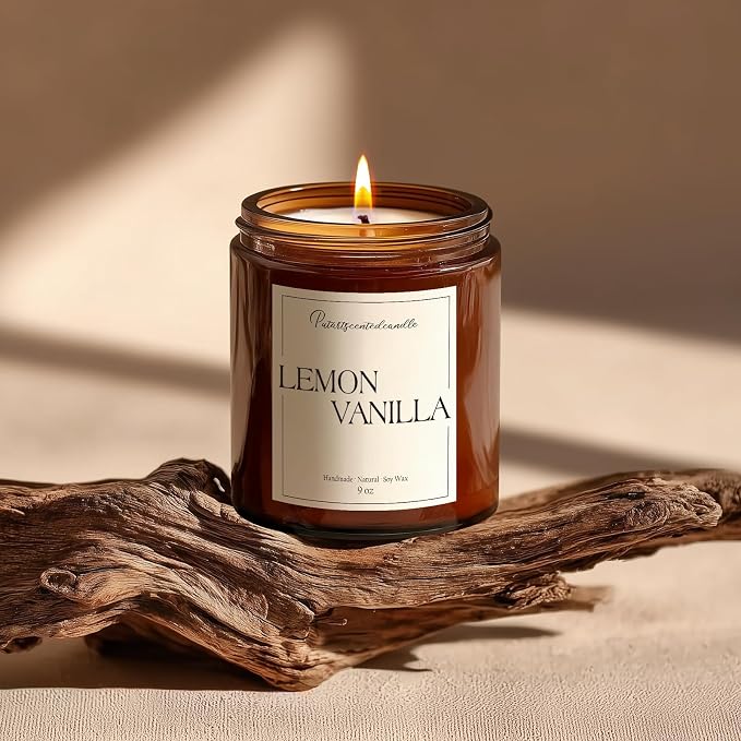 Lemon Vanilla Scented Candle for Home, Natural Soy Wax Aromatherapy Non Toxic Candle Gifts for Women & Men, Handmade Highly Scented & Long Lasting Jar Candle for Stress Relief (9oz)