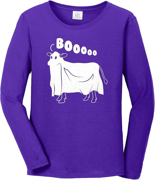 Threadrock Women's Cow Ghost Saying Moo Long Sleeve T-Shirt