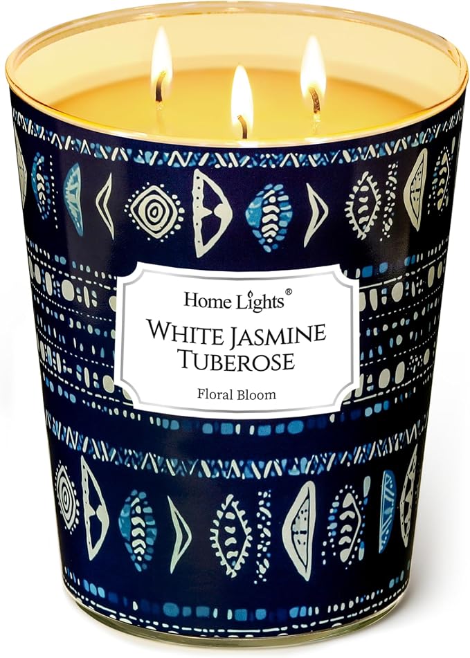 HomeLights Scented Candles for Women & Men, 34oz Candle Jars Aromatherapy 3-Wick Candle, Ideal for Bohemian Natural Textures Home Decor and Gifts, White Jasmine Tuberose