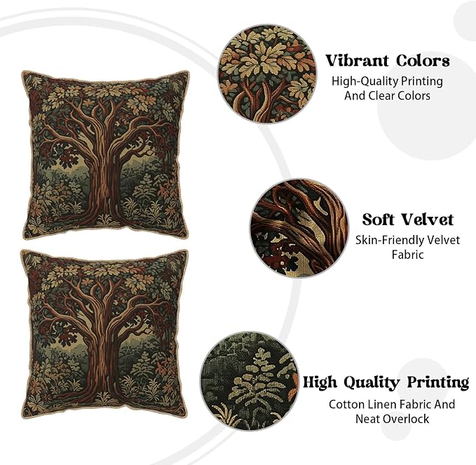 Vintage Forest Tree Velvet Pillow Covers 16x16 Inch Green Retro Tapestry Throw Pillows for Couch Cushion Covers Pillowcase Boho Farmhouse Pillow Cases for Sofa Bed Bedroom