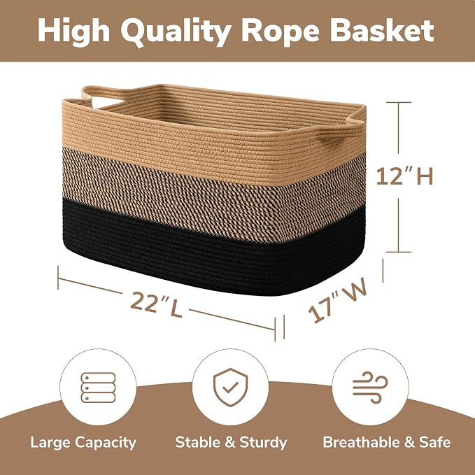 Goodpick 75L Large Woven Blanket Basket, 22" x 17" x 12", Black & Jute | Decorative Storage Basket for Blankets, Pillows & Toys, Living Room & Bedroom Organization, Rectangle, Built-In Handles