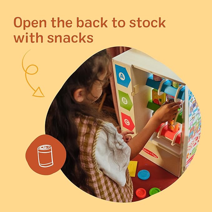 Melissa & Doug Sort-Stock-Select Wooden Vending Machine Toy with Play Food, Mini Vending Machine Toys & Play Money, Preschool Toys for Kids Ages 3+