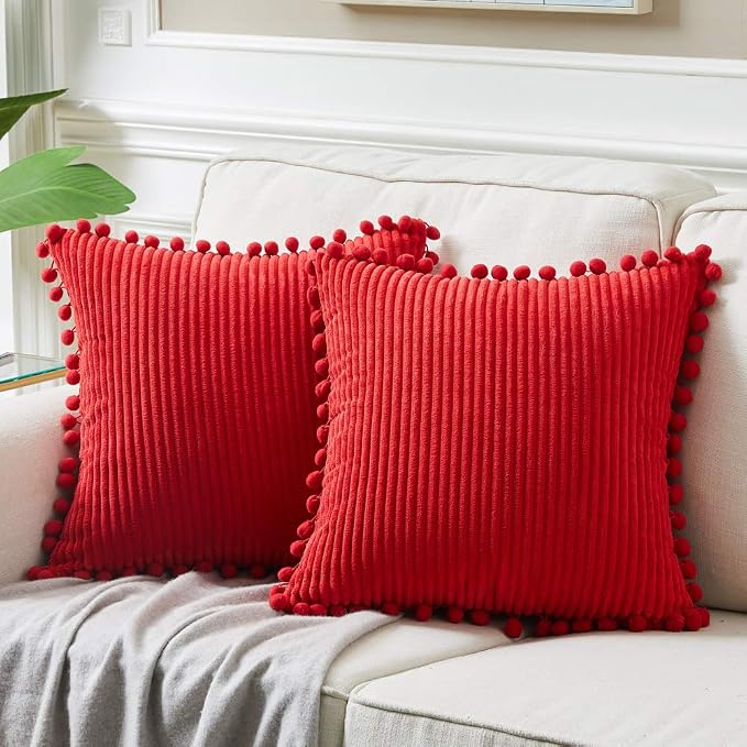 Fancy Homi Pack of 2 Boho Red Decorative Throw Pillow Covers with Pom-poms, Soft Corduroy Solid Square Cushion Cases Set for Couch Sofa Bedroom Car Living Room (16x16 Inch/40x40 cm, Christmas Red)