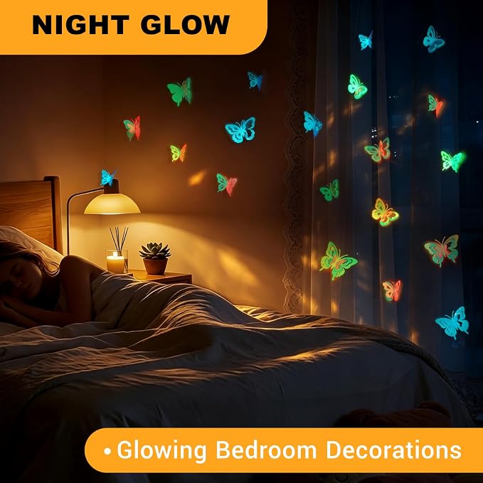 Glow in the Dark Holographic Butterfly Wall Decorations Luminous Color-Changing 3D Butterflies, Multi-Size & Multi-Color, Glowing Wall & Party Decor for Bedroom, Wedding, Garden, Event