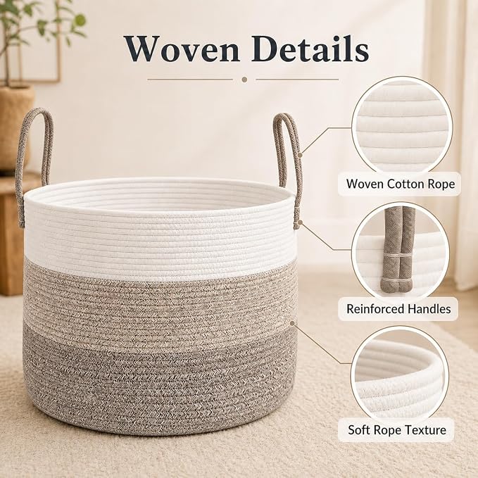 JMvicyroam 65L Extra Large Machine Washable Cotton Rope Blanket Basket | Collapsible laundry hamper, Reinforced handles, For blankets,pillows,toys and clothes, Living room and bedroom,White&BrownMix