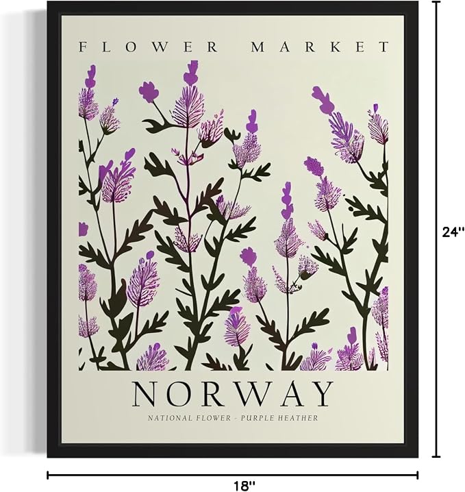 Norway Flower Market Art Print Poster, Wall Art Floral Painting Botanical Decor for Bedroom, Kitchen, Bathroom Livingroom Decoration 82B (Norway, 24"L x 18"W, Black Frame)