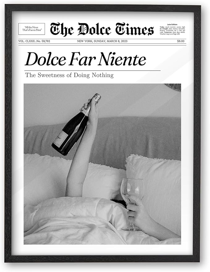 iHery Small 8x10in Dolce Far Niente Framed Newspaper Wall Art | Premium Black Natural OAK Wood Frame with Canvas Print, The Sweetness of Doing Nothing Decor for Bedroom, Living Room 1Pack