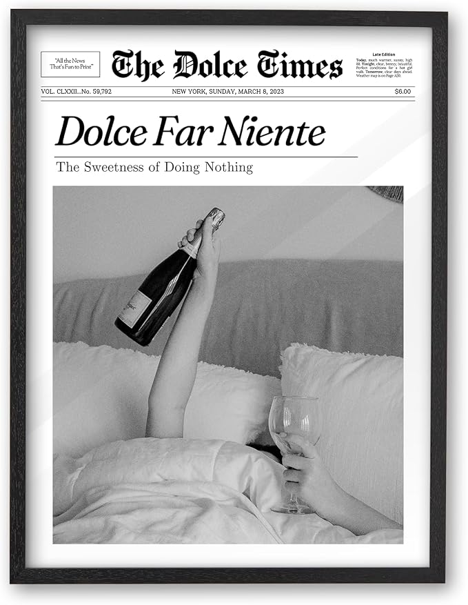 iHery 16x20in Dolce Far Niente Black Framed Newspaper Wall Art | Premium Black Natural OAK Wood Frame with Canvas Print, The Sweetness of Doing Nothing Decor for Bedroom, Living Room 1Pack