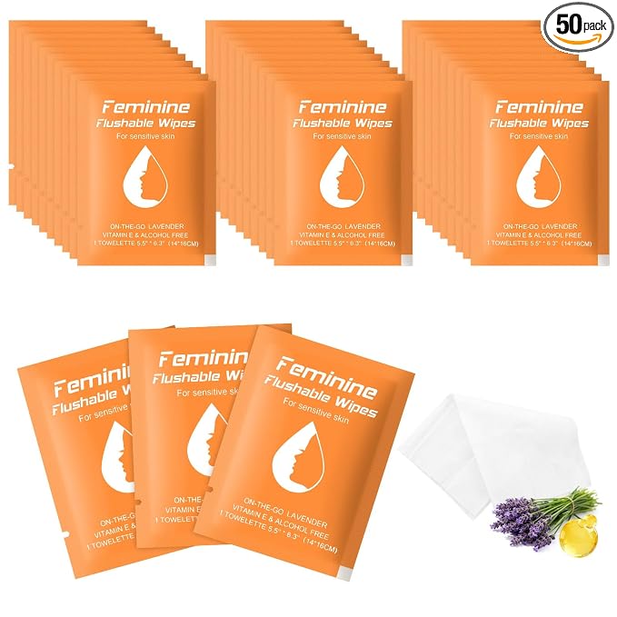 twoworld 50 Feminine Wipes Flushable Travel Individually Wrapped | Travel Wipes for Women,Feminine Care Wet Wipes Travel Size Vaginal Wipes for Adult,Girl and Homeless(Lavender)