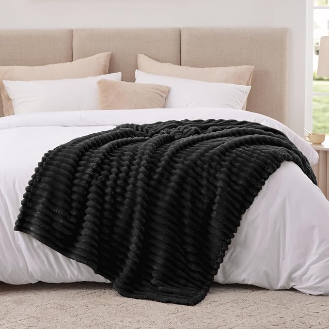 EXQ Home Fleece Throw Blanket for Couch or Bed - 3D Stripe Jacquard Decorative Blankets - Cozy Soft Lightweight Fuzzy Flannel Blanket Suitable for All Seasons(50"×60",Black)
