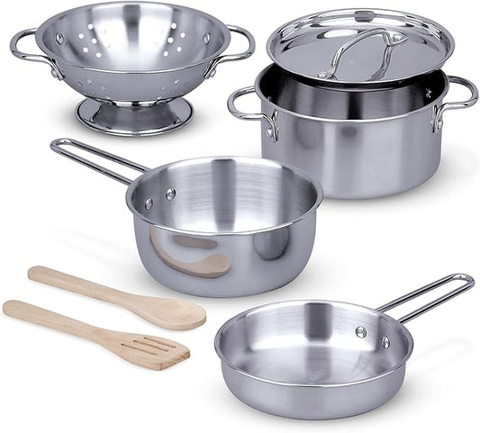 Melissa & Doug Stainless Steel Pots & Pans, 8 Piece Play Kitchen Set, Premium Play Kitchen Accessories & Cooking Utensils, Preschool Toys for Kids 3+