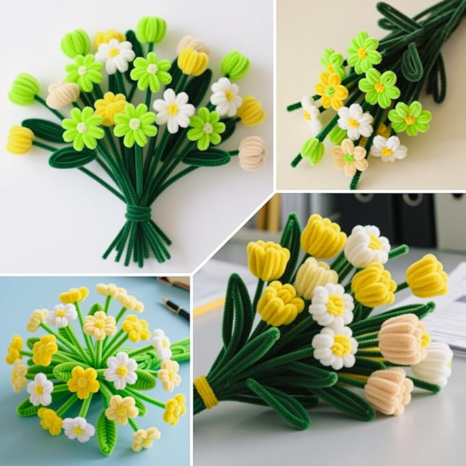 ASTARON 521 Pcs Pipe Cleaners Craft Set, 5 Colors Pipe Cleaners Bulk Pastel Chenille Stems for Craft Pipe Cleaner Flowers Making Kit with Floral Wires, Gardening Tape (Green Yellow Series)
