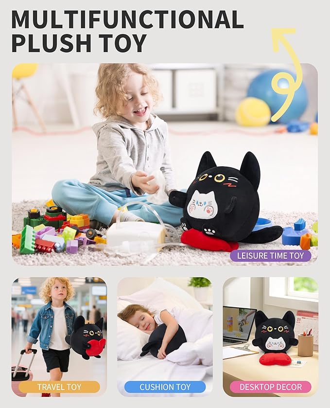 OLAOLA Black Cat Plush, Cute Cat with Love Stuffed Animals Plushies Toy, 10.6 Inch Soft Kitten Plushie Doll for Kids Adults