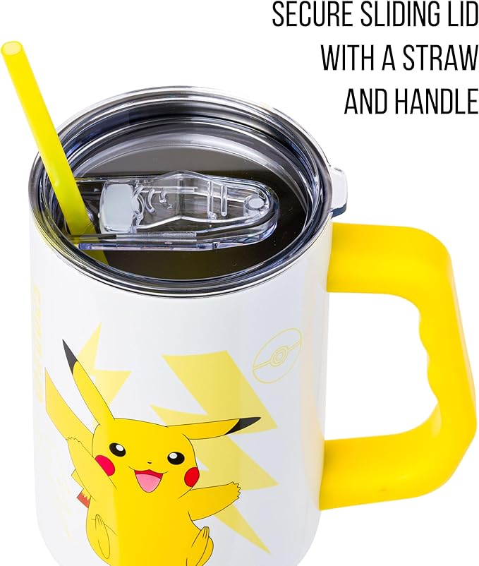Silver Buffalo Pokémon Double Walled Stainless Steel Tumbler with Handle Featuring Pikachu, Fits in Standard Cup Holder, 40 Ounces