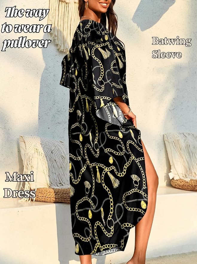 ChiaoLezhee Print Moo-Moos for Women, Kaftan Cover-Up Dresses, Sexy V-Neck High-Slit, Beach Pool-Party Coverups Muumuu Plus