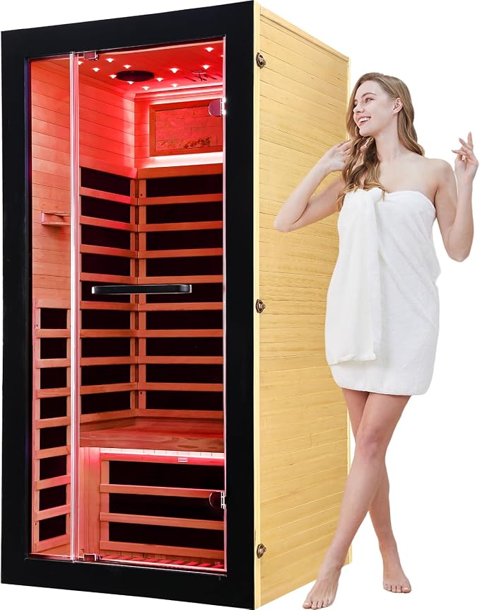 OUTEXER One Person Sauna Far Infrared Saunas Room Obeche Wood 1350W Dry Saunas Spa with 7 Starry Sky Light 35.4 * 35.4 * 70.8inch
