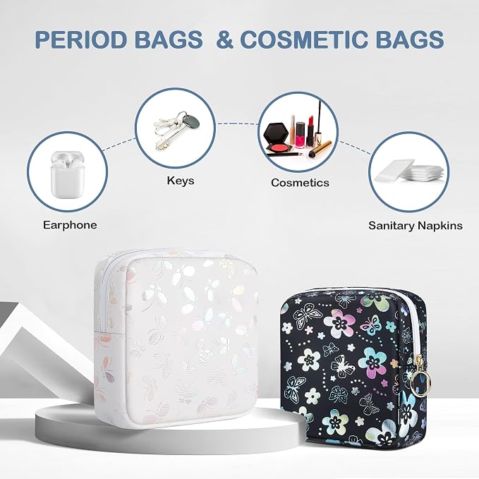 Likesing Period Bag Pouch, Leather Sanitary Napkin Storage Bag for Girls Womens, Portable Sanitary Napkin Period Pad Pouch Bag for Purse, Small Make Up Bags(Flower Butterflies)
