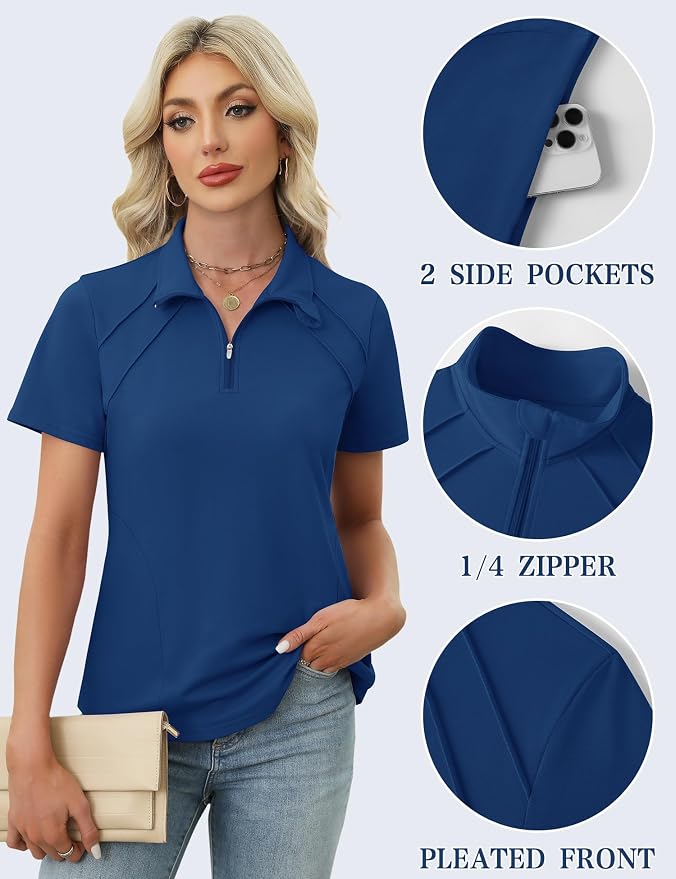 LOMON Womens Golf Polo Shirt Summer Short Sleeve Quarter Zip Outfit | Side-Pockets,Princess Seams,Cotton,Wrinkle Free,Moisture Wicking,Quick-Dry,Lightweight,Collared,for Tennis Workout