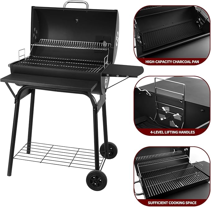 Charcoal Grill Outdoor BBQ Grill 30INCH Barrel Charcoal Grills with Side Table, 627 Square Inches, Outdoor Backyard Camping Picnics, Patio and Parties, Black by DNKMOR