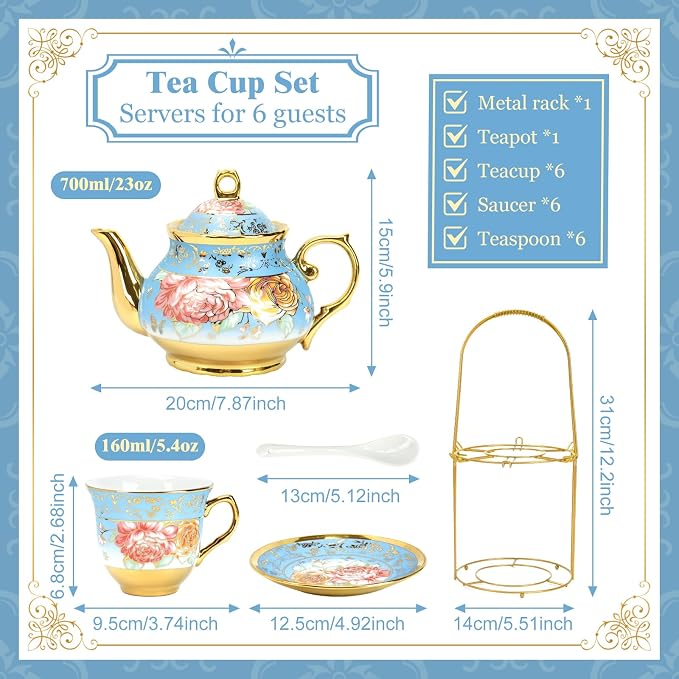 20 Pcs Porcelain Tea Set with Metal Holder, Adult Tea Set Gift, European Ceramic Tea Set for Adults, Flower Tea Cup Saucer Set for Party With Gold Flower Painting (Serene Blue)
