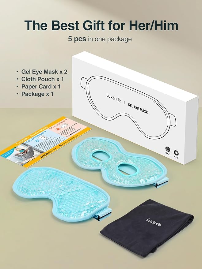 Luxtude Gel Eye Mask Cooling Eye Mask for Dry Eyes 2PCS, Heated Warm Eyes Ice Pack Reusable Gel Sleep Masks, Frozen Cold Compress for Puffiness/Dark Circles/Headaches/Allergies (Blue)