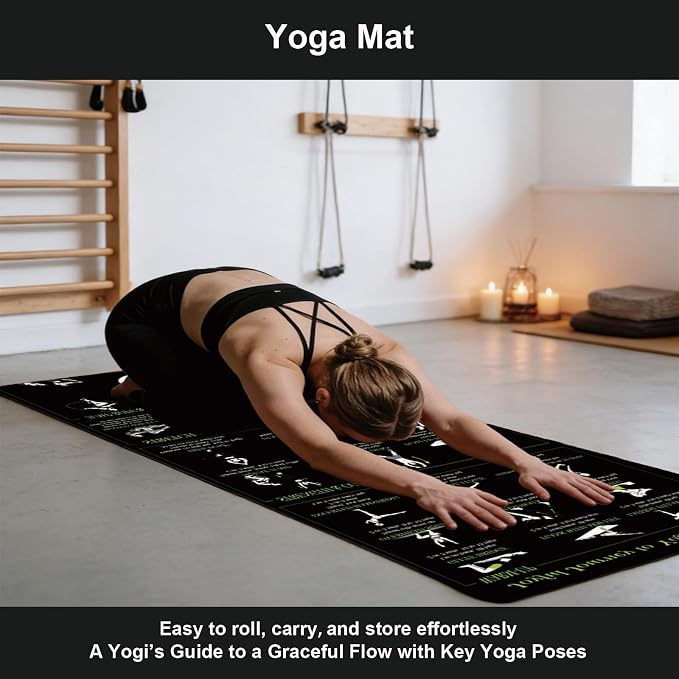 Lightweight and Portable Yoga Mat - Non-Slip Exercise Mat with Printed Yoga Poses for Pilates, Workout & Stretching - Includes Resistance Bands and Weighted Jump Rope - Home & Gym Use