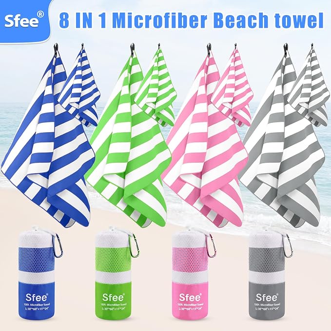 Sfee 4 Pack(8Pcs) Microfiber Travel Towel, Beach Towel Quick Dry Towel Camping Towel Super Absorbent Compact Lightweight Sports Gym Towels for Beach, Gym, Hiking, Pool, Backpacking, Bath, Yoga