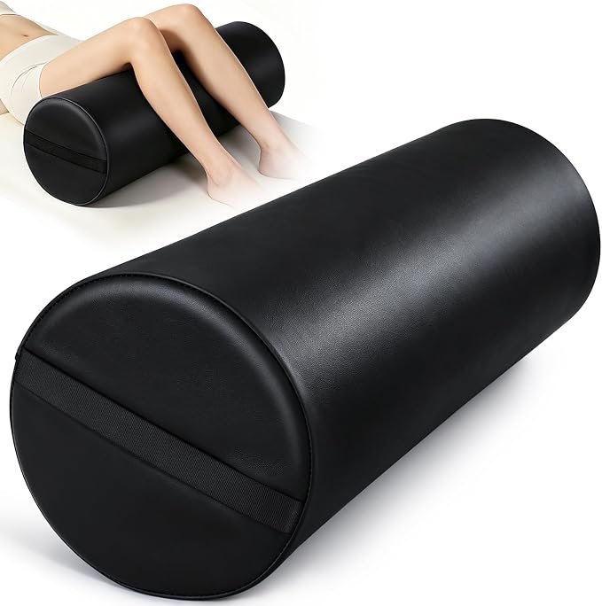 Full Round Bolster Pillow, 26" x 9" PU Leather Massage Table Bolster with Strap Handle, Massage Pillow for Knee Back Ankles Pain Relief, Comfortable Leg Bolsters Cylinder Pillow for Home / Spa / Yoga